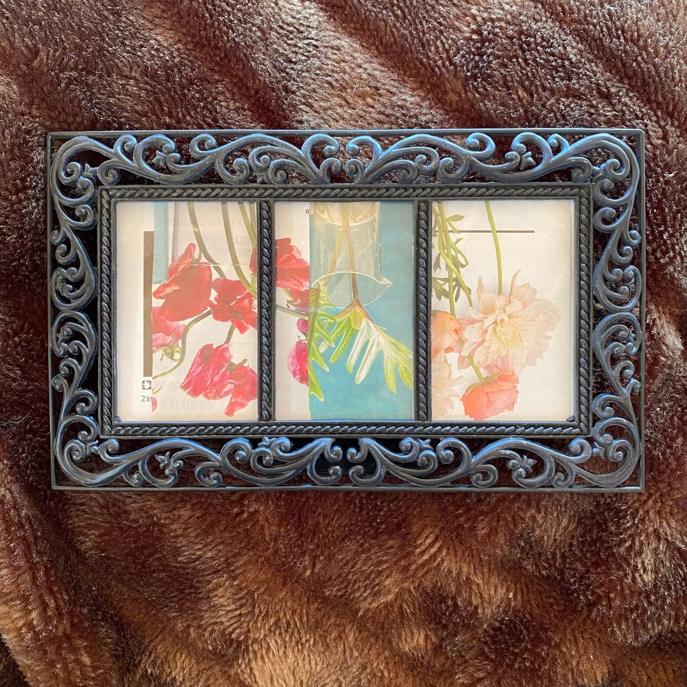 SIXTREES 7-1/2”‎ x 4-1/2” Black Metal Filigree 3-Photo Frame